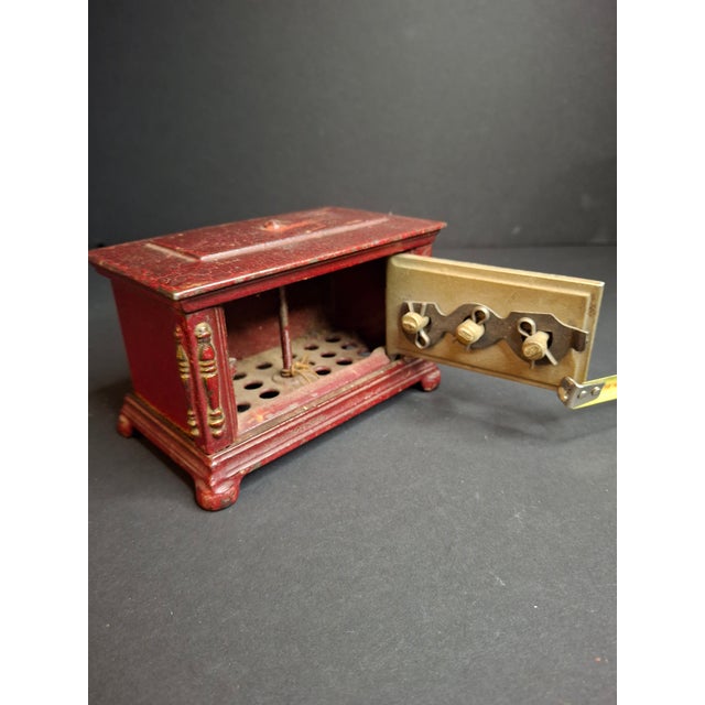 Red Antique Kenton Toys Cast Iron Radio Bank 1920s Small 3-Dial Safe Red Paint For Sale - Image 8 of 15