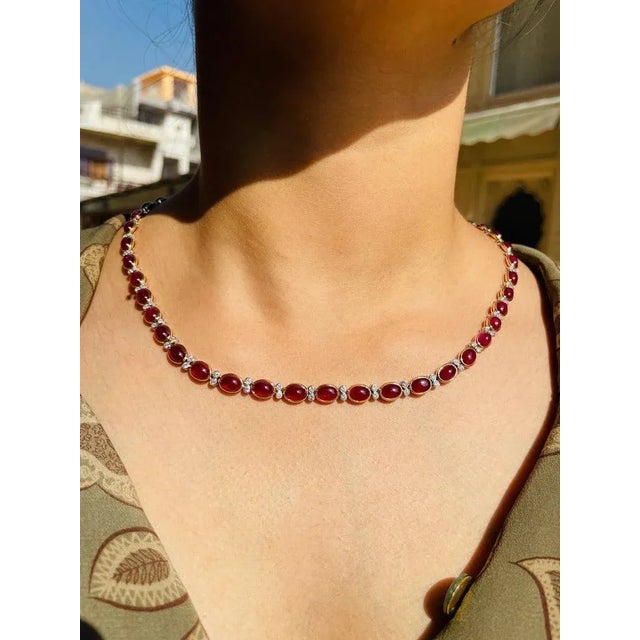 Certified 17 Carat Ruby and Diamond 18k Yellow Gold Tennis Necklace For Sale - Image 4 of 12
