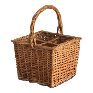 Vintage French Style Four Bottle Wicker Wine Basket For Sale