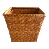 Mid Century Woven Rattan Wastebasket For Sale