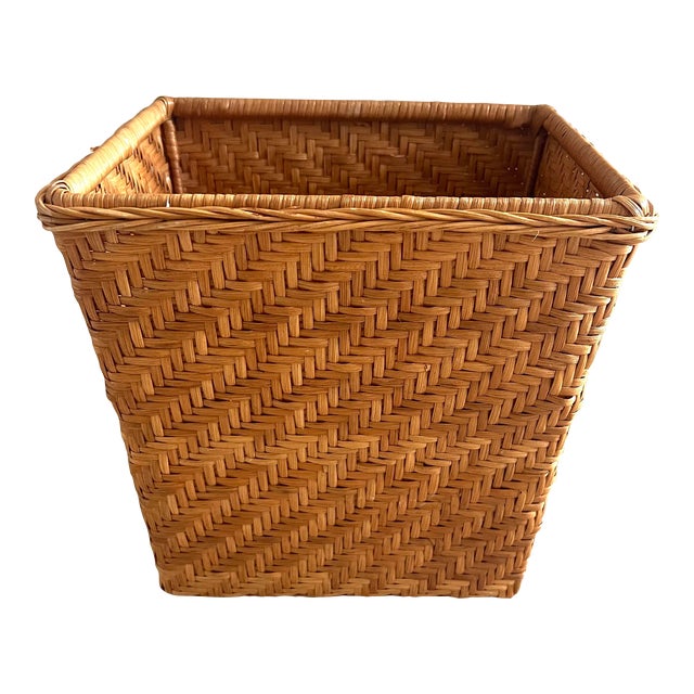 Mid Century Woven Rattan Wastebasket For Sale