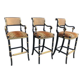 Late 20th Century Vintage Hollywood Regency Leopard Print Carved Wood Cane and Brass Bar Stools - Set of 3 For Sale
