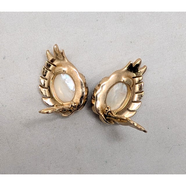 White Vintage 1958 Signed Crown Trifari Goldtone Mother-of-Pearl & Rhinestone "Fantasia" Clip Earrings-2 Pieces For Sale - Image 8 of 8