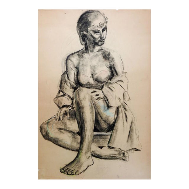 Vintage 1950s Charcoal Seated Female Figure Drawing For Sale