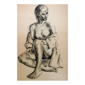 Vintage 1950s Charcoal Seated Female Figure Drawing