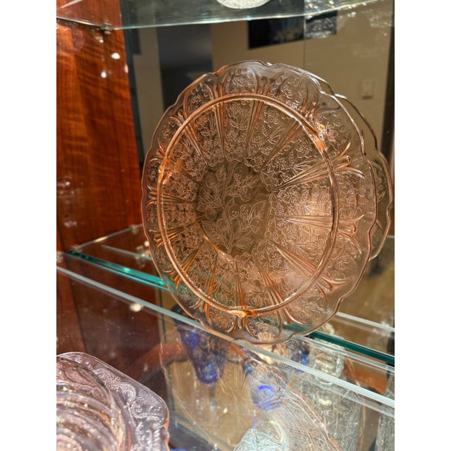 Vintage Pink Depression Glass Cake Plate Jeanette Cherry Blossom Footed Glass Cake Plate For Sale - Image 6 of 8