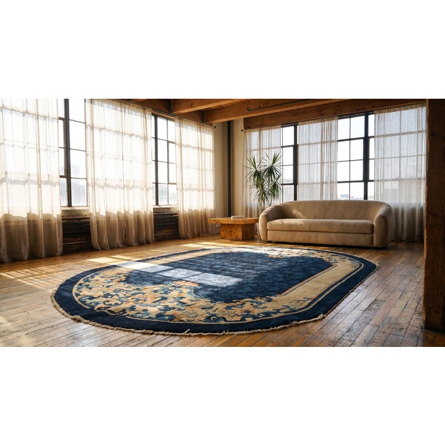 1900s Navy Blue Floral Antique Chinese Peking Rug 6'2" X 8'10" Knotted Wool Carpet For Sale - Image 10 of 12