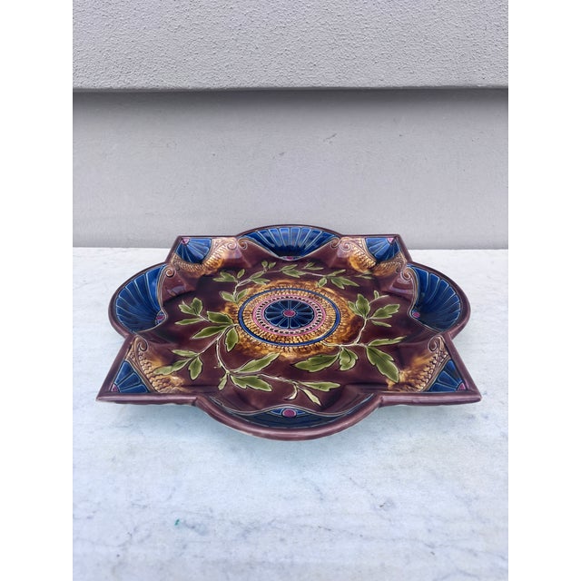 Rare Large French Majolica Olives Leaves Platter signed Sarreguemines Majolica circa 1870. 13.8 by 13.8 inches.