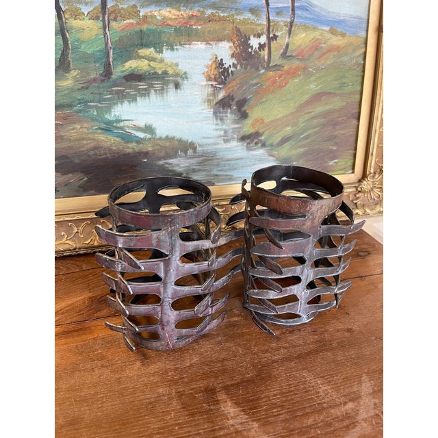 Brown Pair of Brutalist Style Hand-Cut Metal Candle Holders, Mid-20th Century For Sale - Image 8 of 8