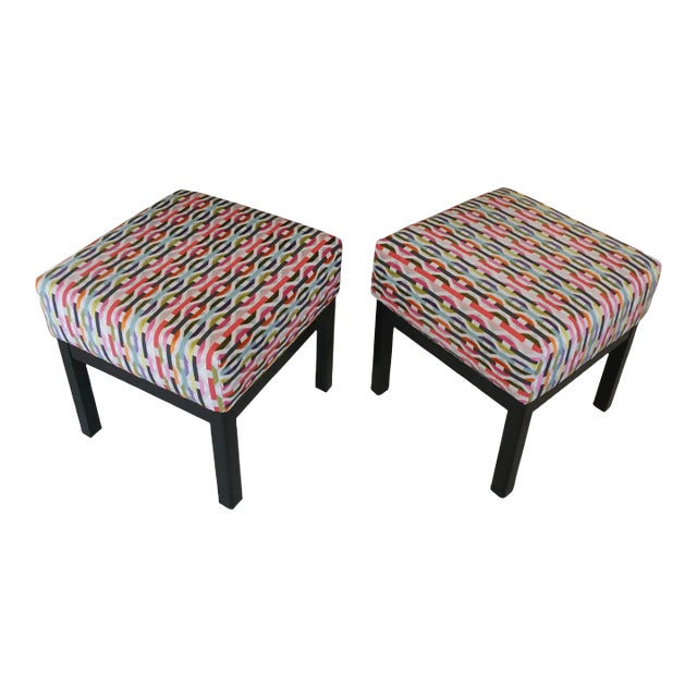 Pair of Classic Low Stools in Fabric From Romo's Habanera Collection For Sale
