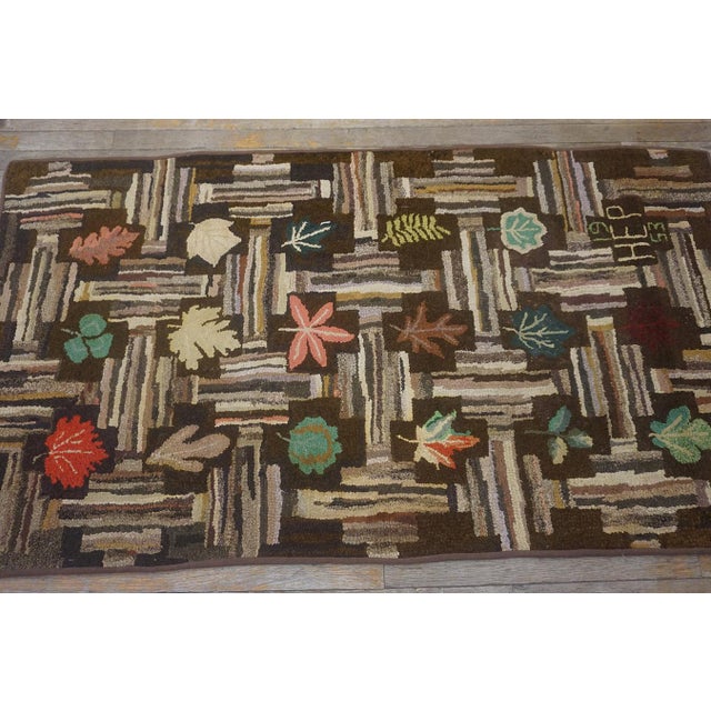 American Lofty Brown Color Background With Floral and Symmetrical Patters Design Vintage American Hooked Rug For Sale - Image 3 of 13