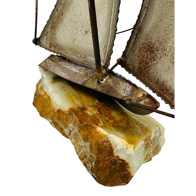 1970s Brutalist Metal Sailboat Sculpture on Onyx Base by DeMott - Set With Original Tag For Sale - Image 12 of 16