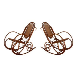 Pair of Bentwood Rocking Chairs With Cane Seat and Back For Sale