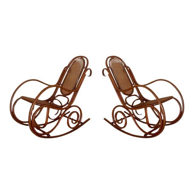 Pair of Bentwood Rocking Chairs With Cane Seat and Back For Sale