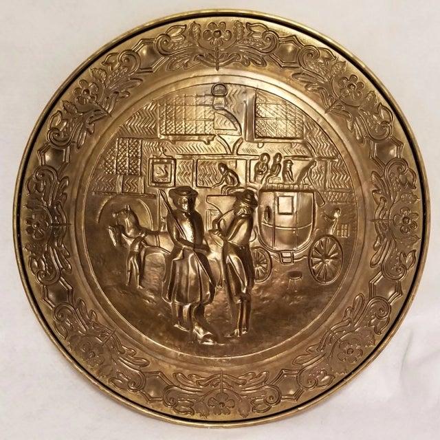 Vintage Hammered Brass Repousse Wall Plate England Carriage People For Sale - Image 4 of 6
