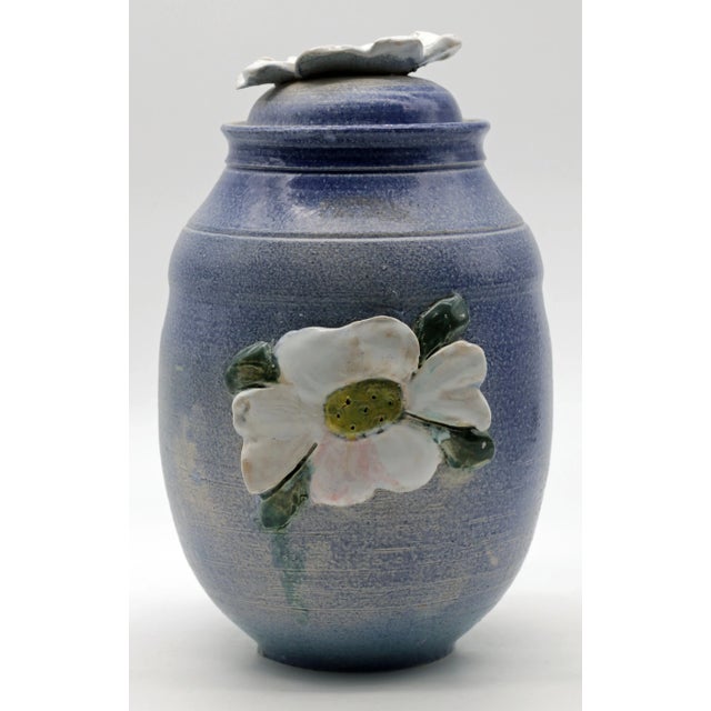 Jim Tripp Blue Stoneware Lidded Jar With Applied Floral Finial Signed 2008 For Sale In Atlanta - Image 6 of 8