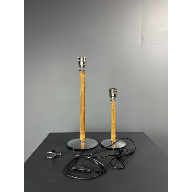Pencil Reed Rattan Bamboo and Chrome Table Lamps, 1980s, Set of 2 For Sale - Image 4 of 18