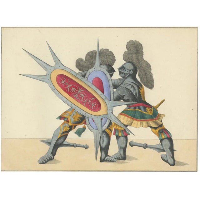 Von Reibisch, Armoured Duel with Spiked Shields, 1842, Hand-Coloured Lithograph For Sale