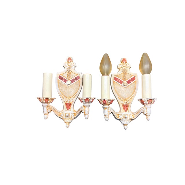 Antique White 1920s Wall Sconces Ivory Cream White and Red With Gold Colored Highlights Two Light Candle Sconces Restored - Set of 4 For Sale - Image 8 of 13