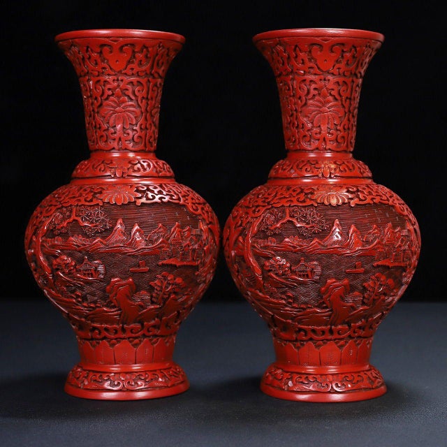 Cinnabar Lacquer Vase Pair / Carved Red Lacquer Landscape Vases For Sale In Los Angeles - Image 6 of 12