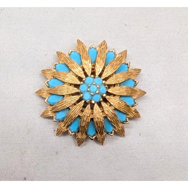 Metal Vintage 1960s Signed Panetta Goldtone Faux-Turquoise Brooch For Sale - Image 7 of 8