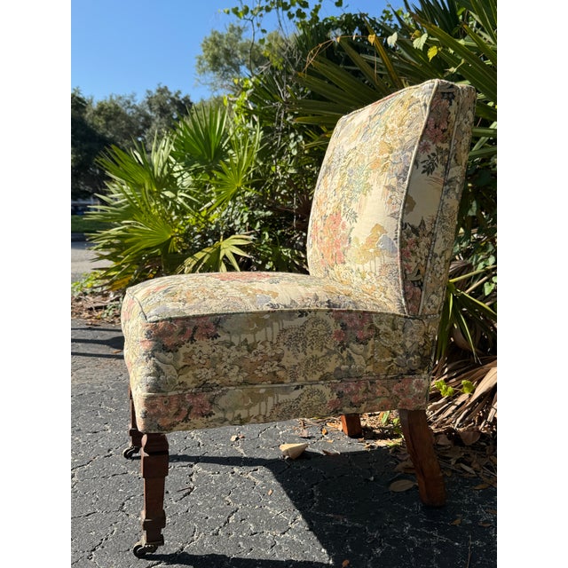 Cream Vintage Floral Upholstered Slipper Chair | Armless Accent Chair With Carved Wood Legs For Sale - Image 8 of 11