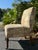 Cream Vintage Floral Upholstered Slipper Chair | Armless Accent Chair With Carved Wood Legs For Sale - Image 8 of 11