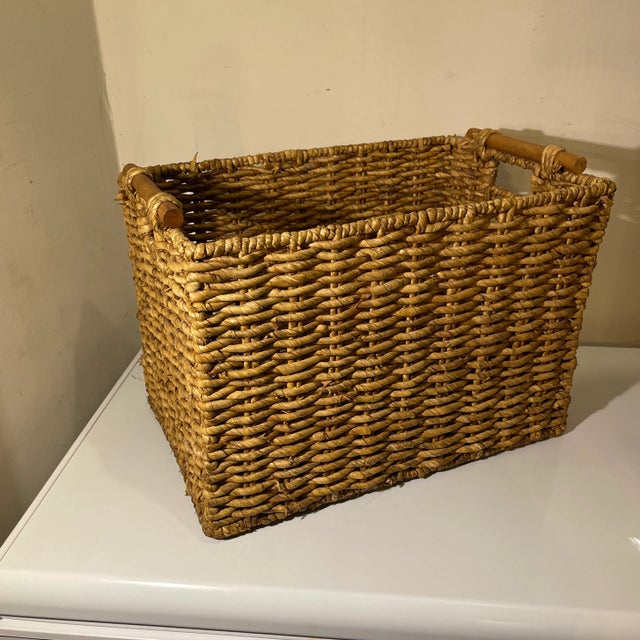 Natural Woven Storage Basket With Wood Handles For Sale - Image 4 of 4