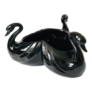 Large Ceramic 1980s Fitz and Floyd Black Swan Bowl For Sale