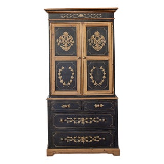 Mid 20th Century Scandinavian Black Painted Pine Linen Press With Hand-Painted Gustavian Folk Paint For Sale