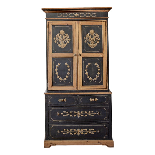 Mid 20th Century Scandinavian Black Painted Pine Linen Press With Hand-Painted Gustavian Folk Paint For Sale