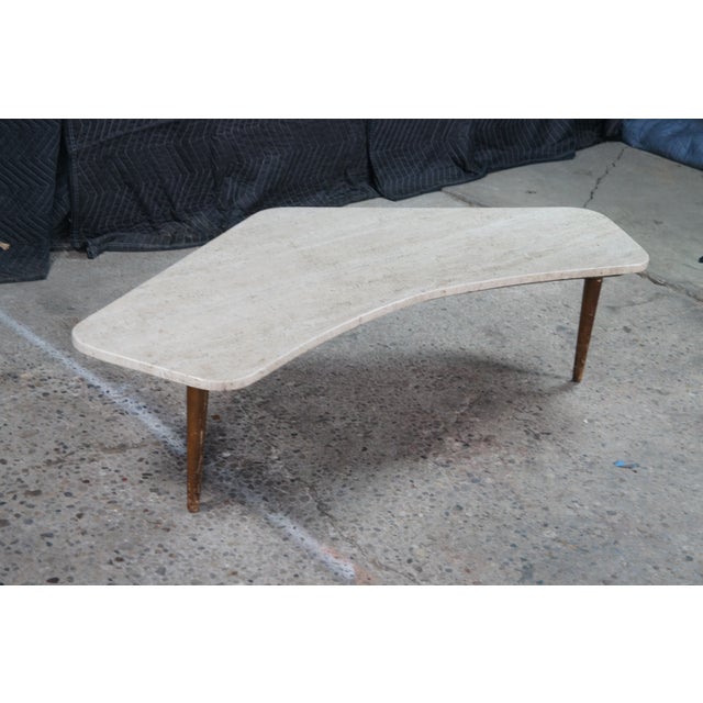 White Mid Century Modern Sculptural Travertine Stone Walnut Boomerang Coffee Table MCM For Sale - Image 8 of 15