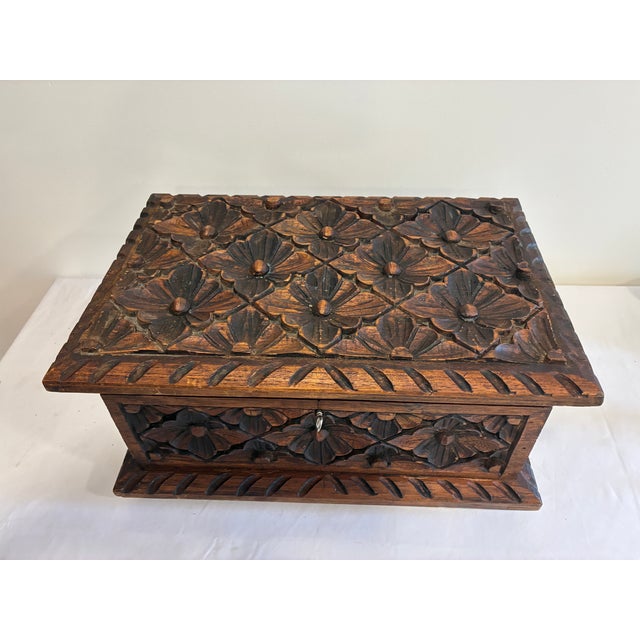 Mid 20th Century Vintage Hand-Carved Floral Wooden Chest For Sale - Image 5 of 16