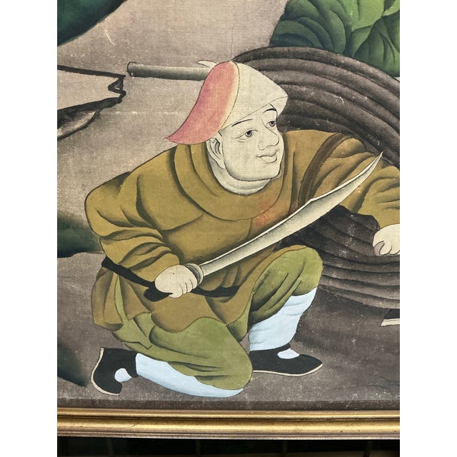 1900 - 1909 Large Antique Chinese Chinoiserie Hand Painted Framed Wall Paper Panel For Sale - Image 5 of 12