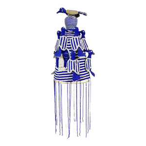 African Yoruba Blue and White Beaded King Crown 18" H Nigeria