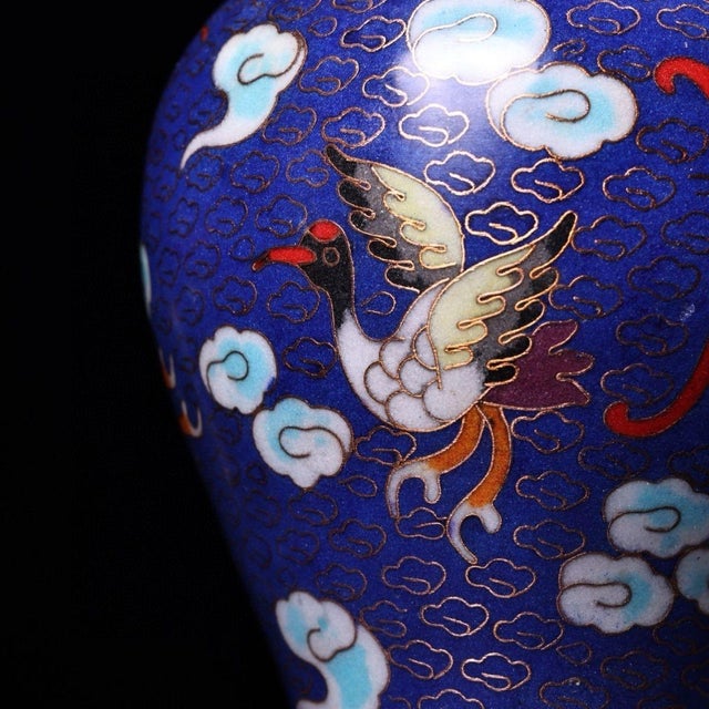 Chinese Vintage Chinese Cloisonné "Longevity Crane" Vase With Dragon Lacquer Box For Sale - Image 3 of 10