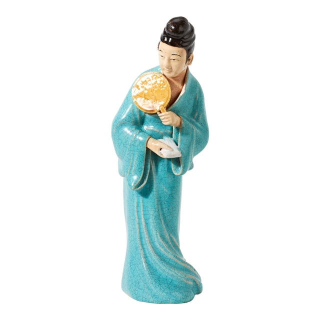 Early 20th Century Chinese Figurine of Lady in Blue With Fan For Sale