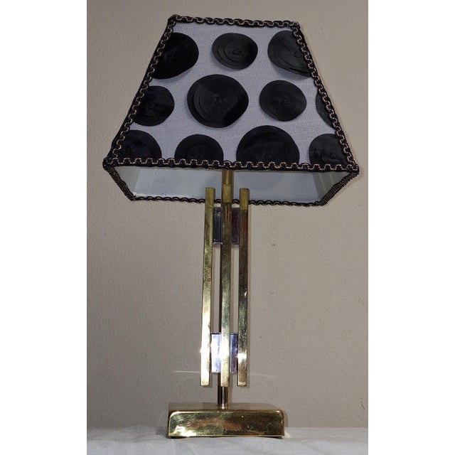 Vintage Square Bimetallic Table Lamp with Fabric Shade, 1980s For Sale - Image 6 of 8