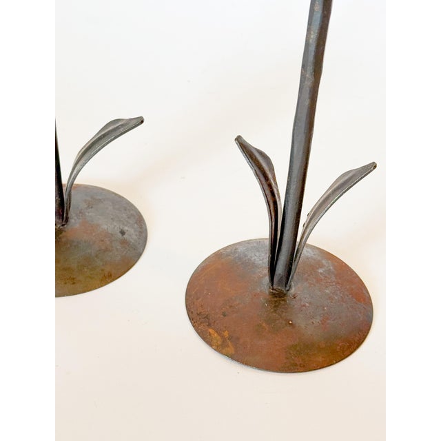Vintage Rustic Iron Tulip Candlestick Holders- Set of 2 For Sale - Image 9 of 11