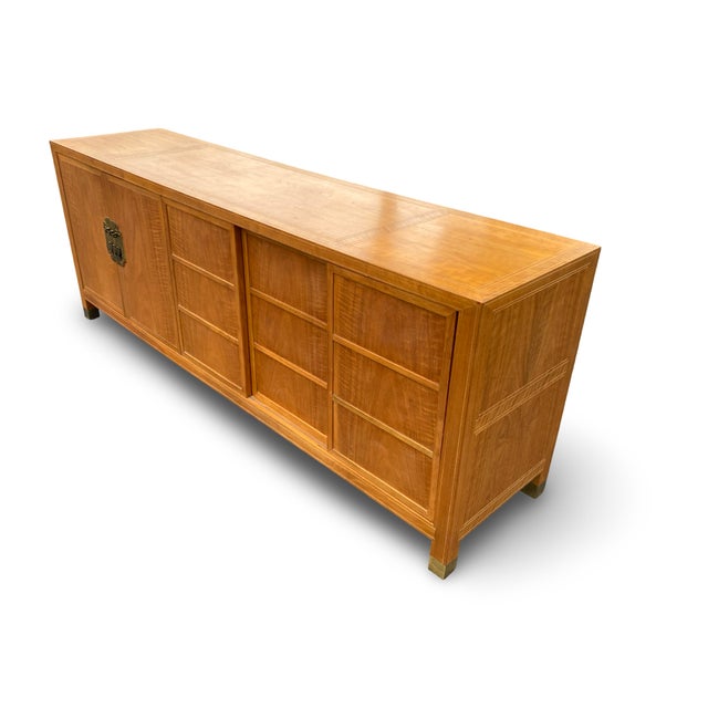 Baker Furniture Company Baker Mid Century Chinoiserie Figured Walnut Brass Mounted Credenza Sideboard For Sale - Image 4 of 18