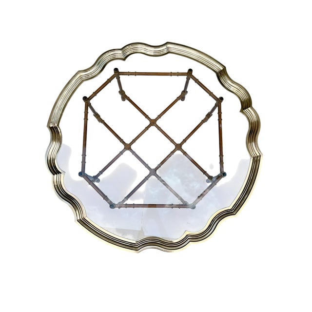 Baker Furniture Company Vintage Hollywood Regency Faux Bamboo & Brass Scalloped Glass Tray Coffee Table, 42” Round For Sale - Image 4 of 17