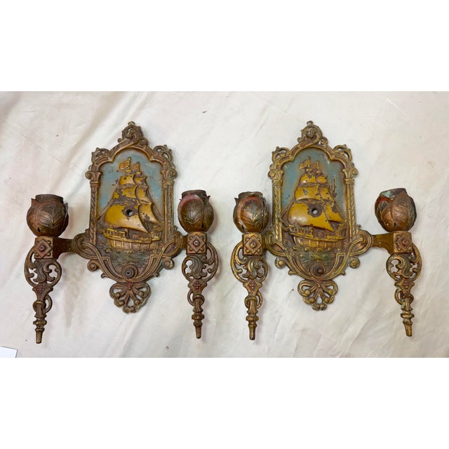 Antique Lincoln Spanish Galleon Electric Wall Sconces Fixtures Ship - a Pair For Sale - Image 4 of 11