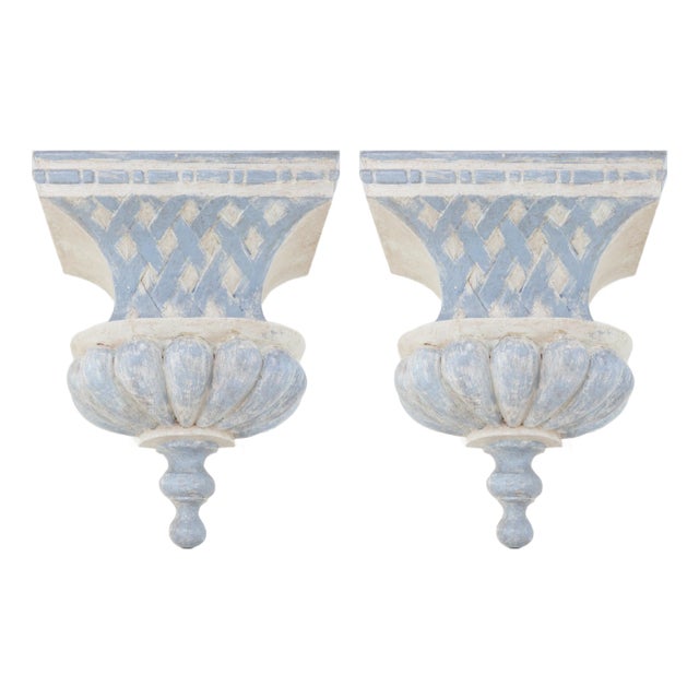 Pair of French Provincial Style Carved Wall Brackets – Aged Blue & White Finish For Sale