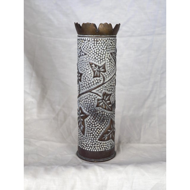 1915 French World War I Brass Shell Casings Vases With Leaves Pattern and Serrated Neck. Fabrication of shell casing :...