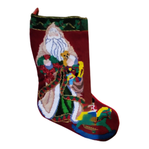 Vintage Velvet & Wool Beaded Needlepoint Christmas Stocking