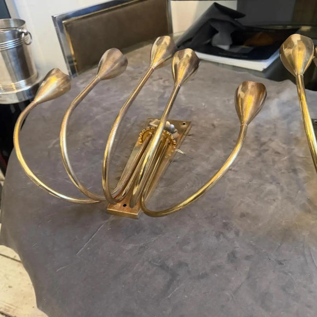 Set of Two 1940s Gio Ponti Style Mid-Century Modern Solid Brass Wall Sconces For Sale - Image 14 of 16