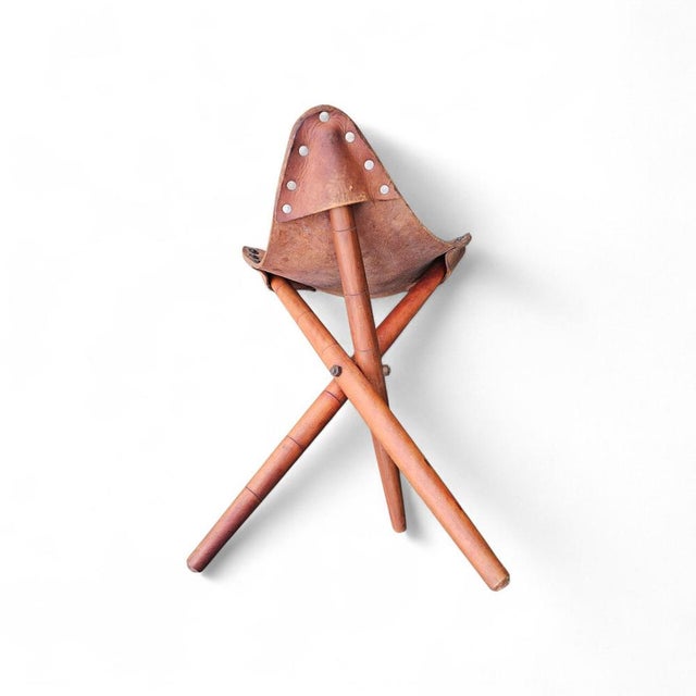 Vintage Tooled Leather Tripod Chairs, Set of 2 For Sale - Image 12 of 18