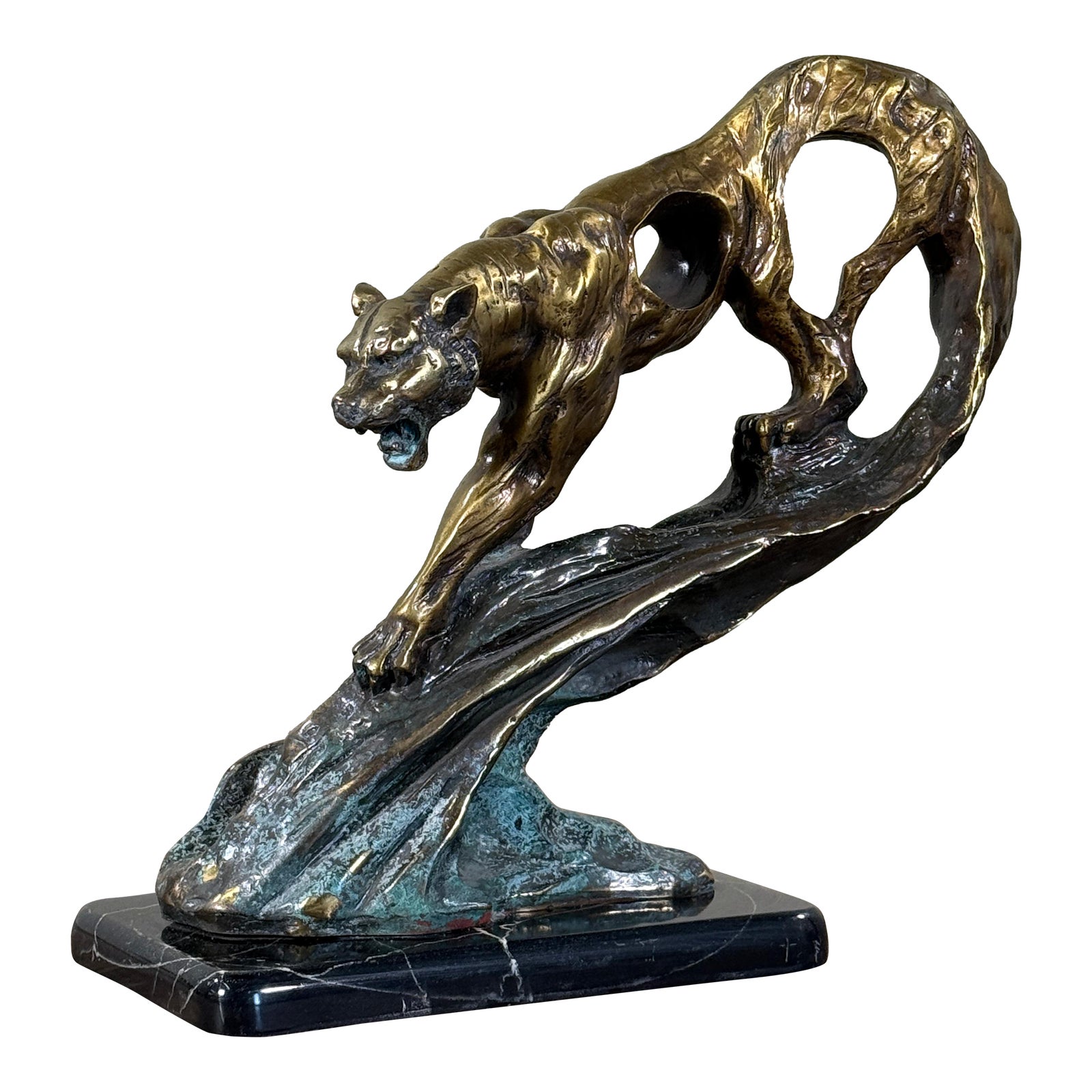 Vintage Art Deco Style Bronze Tiger Sculpture on Marble Base