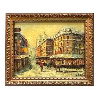 1920s W Eaton Parisian Snow Covered Street Scene Framed Oil on Panel For Sale