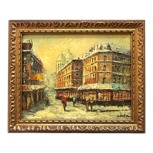 1920s W Eaton Parisian Snow Covered Street Scene Framed Oil on Panel